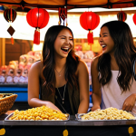 **

Prompt: "Elena Gilbert, Bonnie Bennett, and Caroline Forbes laughing together at a 'mamak' stall in Mystic Falls. Night scene. The girls are dressed in trendy Malaysian streetwear but with a touch of Mystic Falls style. Incorporate elements of Malaysian culture in the background, like local snacks and decorations. Celebrate friendship."

**