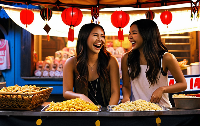 **

Prompt: "Elena Gilbert, Bonnie Bennett, and Caroline Forbes laughing together at a 'mamak' stall in Mystic Falls. Night scene. The girls are dressed in trendy Malaysian streetwear but with a touch of Mystic Falls style. Incorporate elements of Malaysian culture in the background, like local snacks and decorations. Celebrate friendship."

**