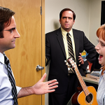 **

Prompt: A chaotic scene in the Dunder Mifflin office during a talent show. Michael Scott is attempting a ridiculous magic trick that is clearly failing, Dwight Schrute is demonstrating a bizarre self-defense move, and Jim and Pam are smiling at each other while holding acoustic instruments, looking slightly embarrassed by the surrounding chaos. The overall atmosphere is humorous and slightly awkward.

**