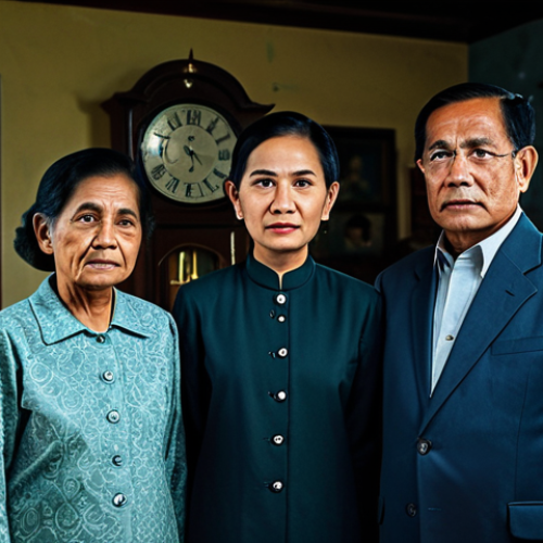 **

"A family portrait in a dimly lit, vintage Malaysian home interior. Four generations are present, looking somber and interconnected. An old clock and a family tree are visible in the background. Fully clothed, modest clothing, appropriate attire, safe for work, perfect anatomy, natural proportions, professional photography, high quality, mysterious atmosphere, family-friendly."

**