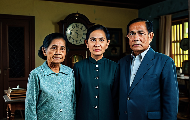 **

"A family portrait in a dimly lit, vintage Malaysian home interior. Four generations are present, looking somber and interconnected. An old clock and a family tree are visible in the background. Fully clothed, modest clothing, appropriate attire, safe for work, perfect anatomy, natural proportions, professional photography, high quality, mysterious atmosphere, family-friendly."

**